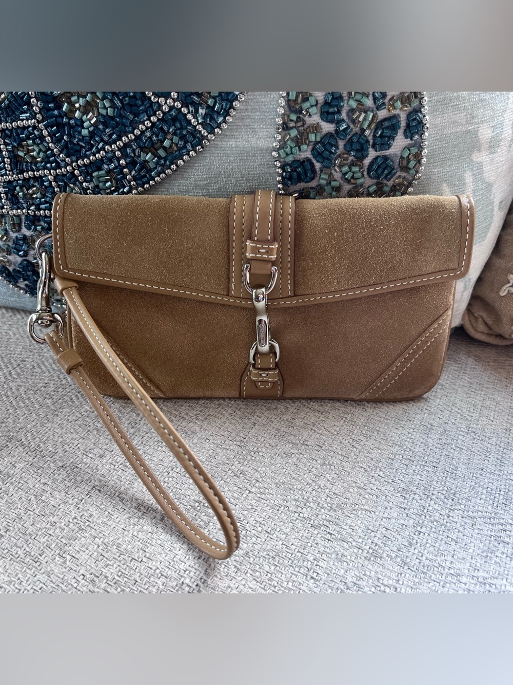 Coach Suede Wristlet Clutch in Tan - Picture 1 of 4